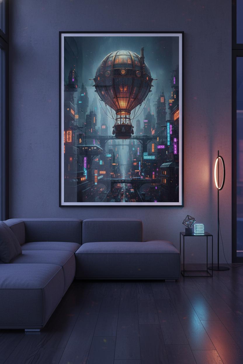 Neon Rain Metropolis: Steampunk Airship Fine Art wall art room scene 5