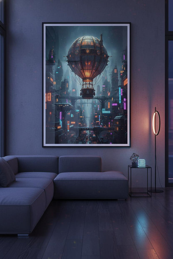 Neon Rain Metropolis: Steampunk Airship Fine Art wall art room scene 5