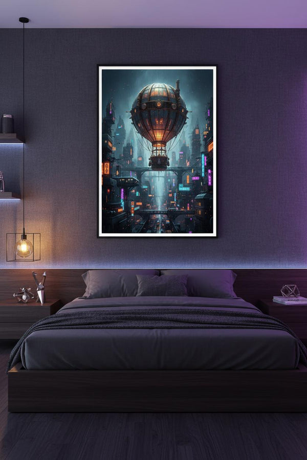 Neon Rain Metropolis: Steampunk Airship Fine Art wall art room scene 6