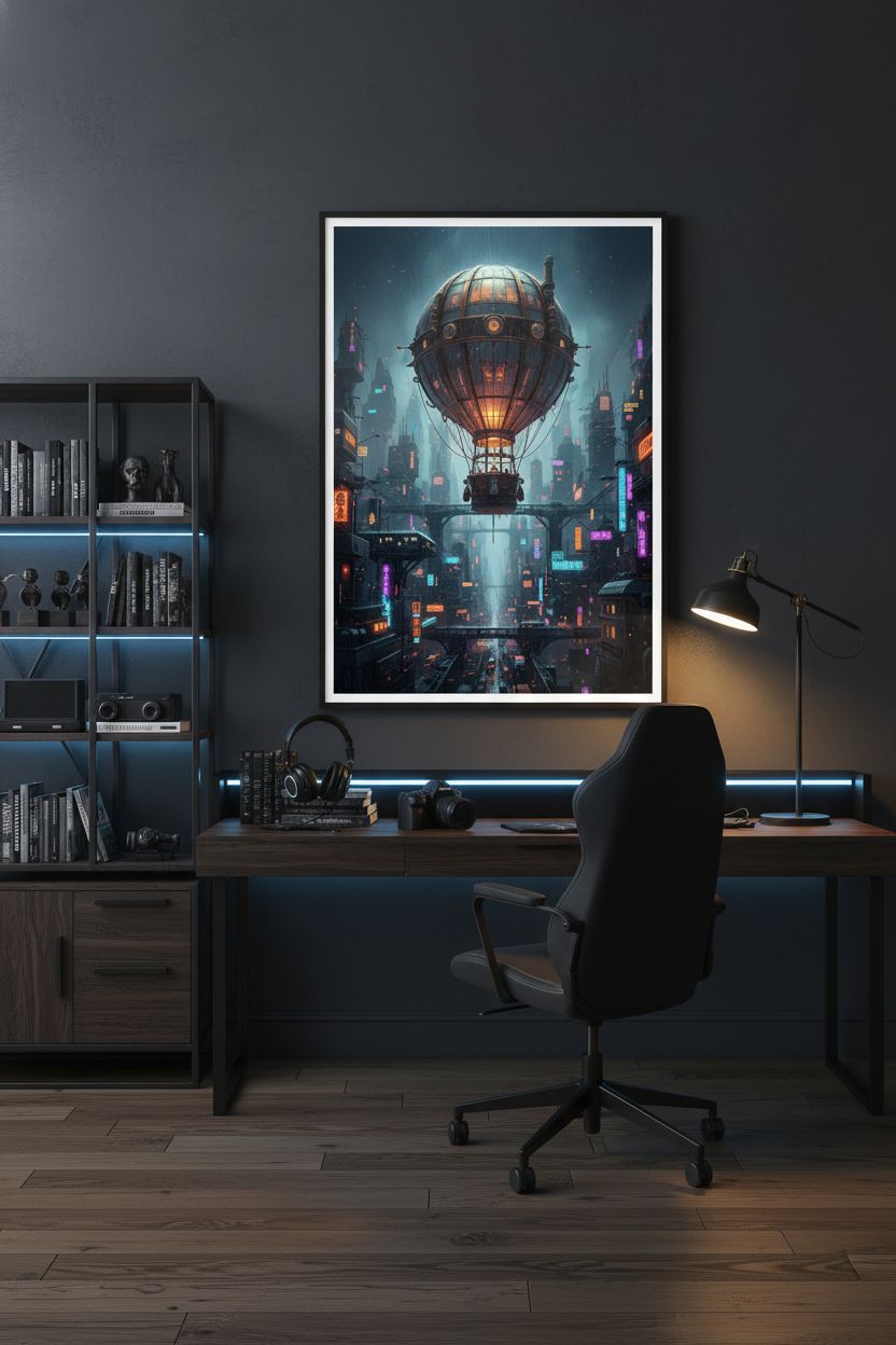 Neon Rain Metropolis: Steampunk Airship Fine Art wall art room scene 7