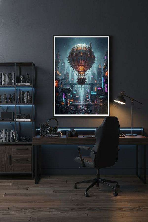 Neon Rain Metropolis: Steampunk Airship Fine Art wall art room scene 7
