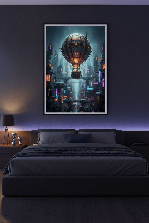 Neon Rain Metropolis: Steampunk Airship Fine Art wall art room scene 8