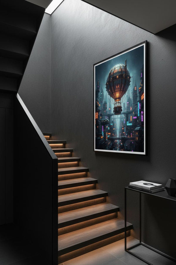 Neon Rain Metropolis: Steampunk Airship Fine Art wall art room scene 9