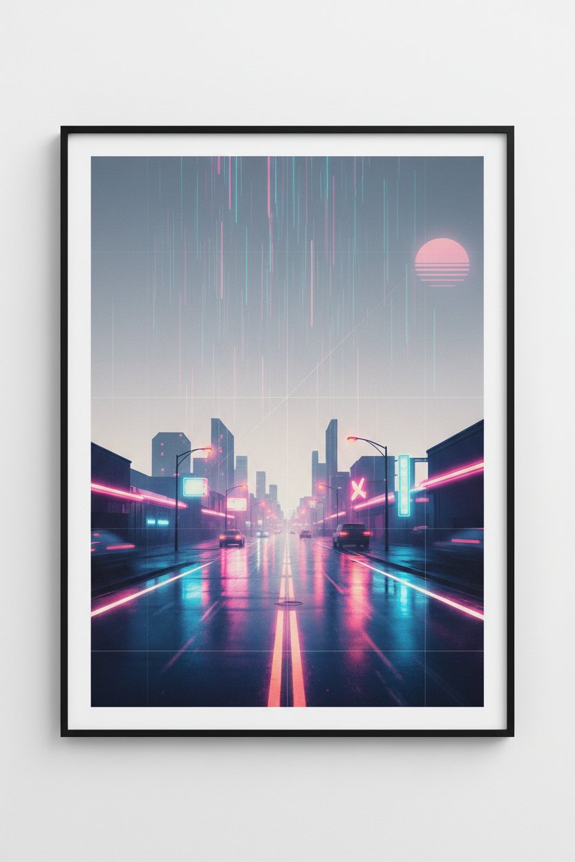 Neon Rain Reverie: Vaporwave Cityscape Art Print main artwork