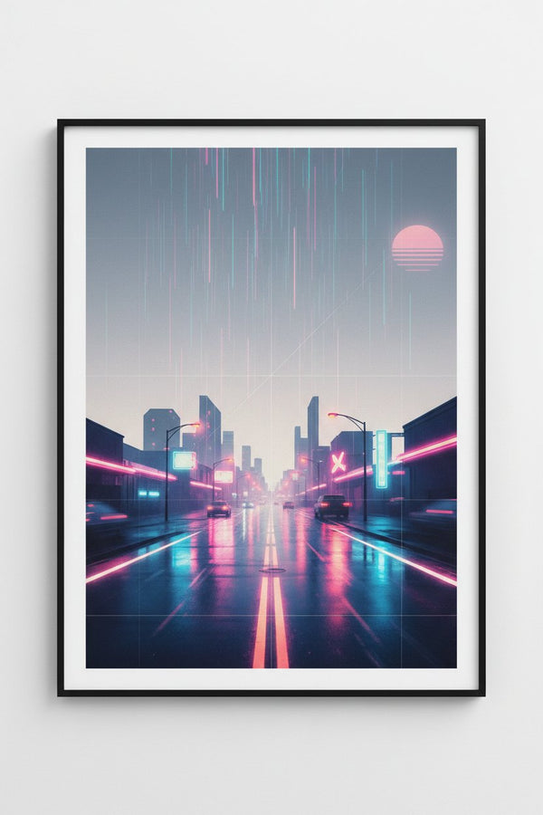 Neon Rain Reverie: Vaporwave Cityscape Art Print main artwork