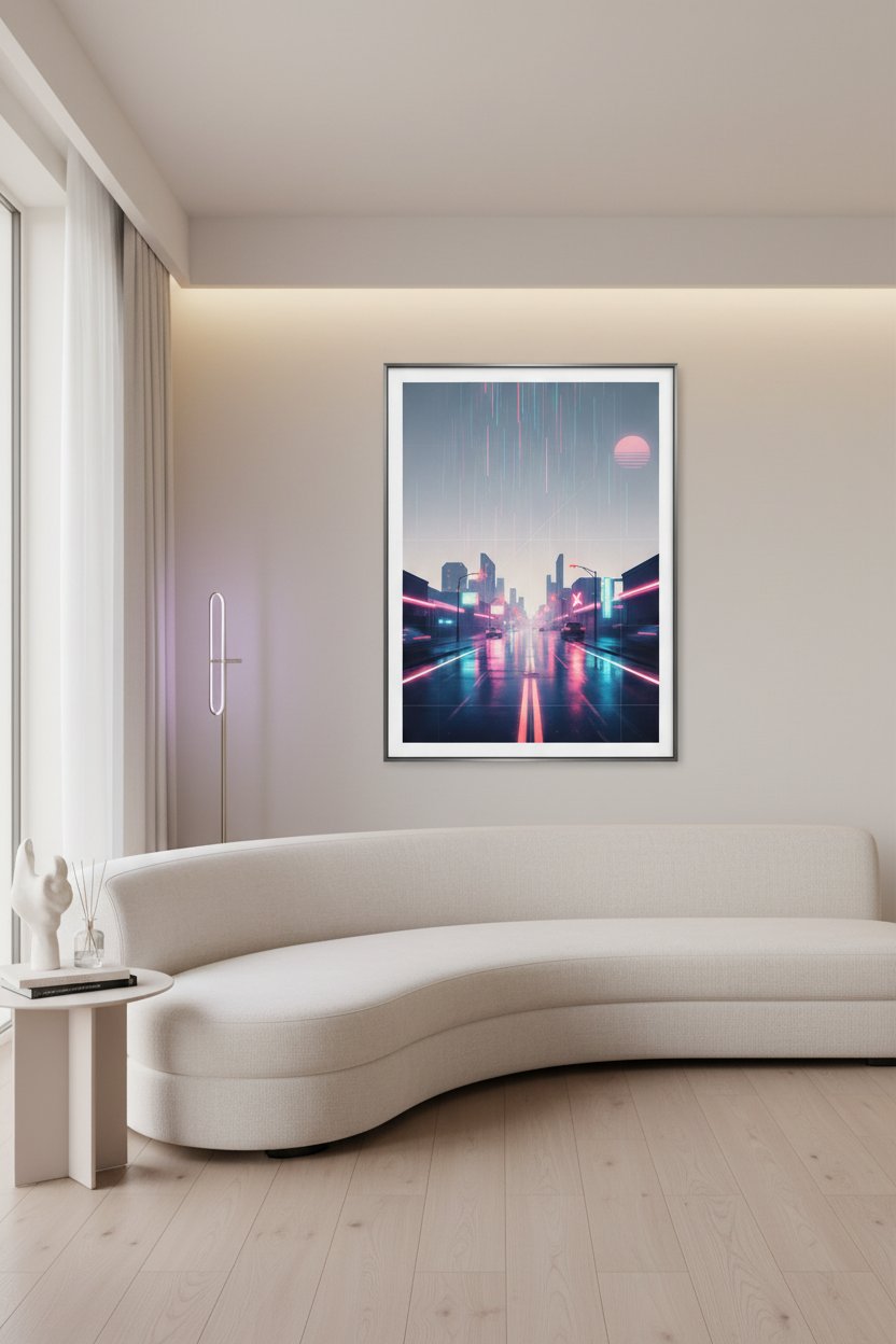 Neon Rain Reverie: Vaporwave Cityscape Art Print wall art room scene 10