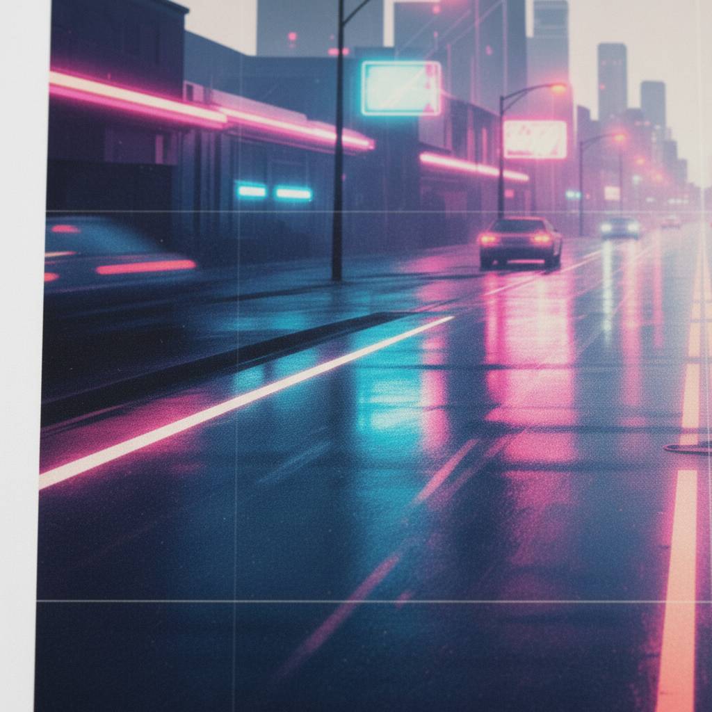 Neon Rain Reverie: Vaporwave Cityscape Art Print detail close up 11