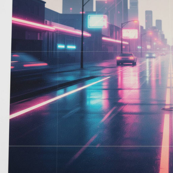 Neon Rain Reverie: Vaporwave Cityscape Art Print detail close up 11