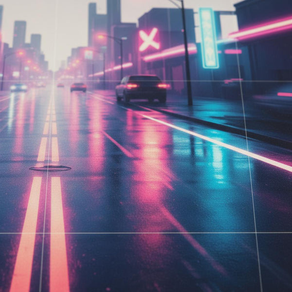 Neon Rain Reverie: Vaporwave Cityscape Art Print detail close up 12