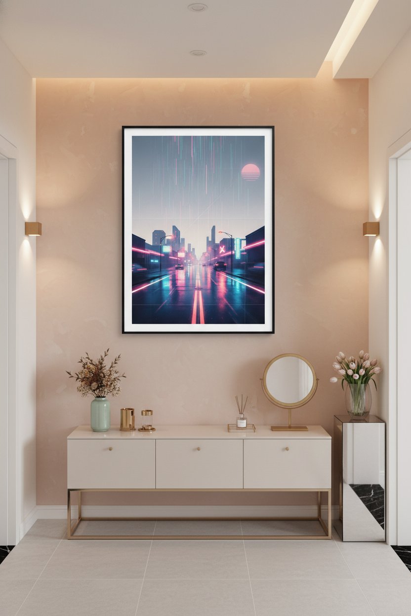 Neon Rain Reverie: Vaporwave Cityscape Art Print wall art room scene 2