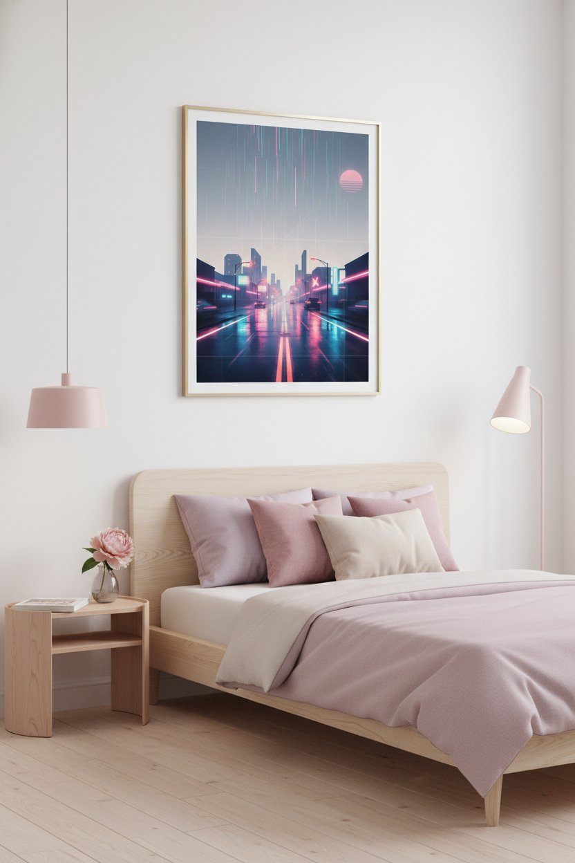Neon Rain Reverie: Vaporwave Cityscape Art Print wall art room scene 3