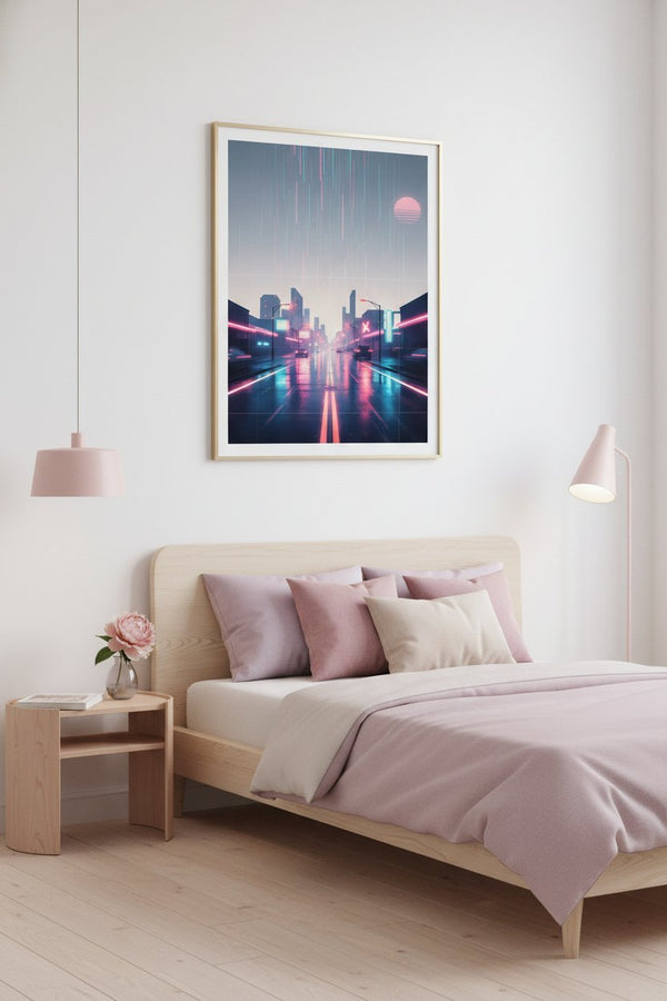 Neon Rain Reverie: Vaporwave Cityscape Art Print wall art room scene 3