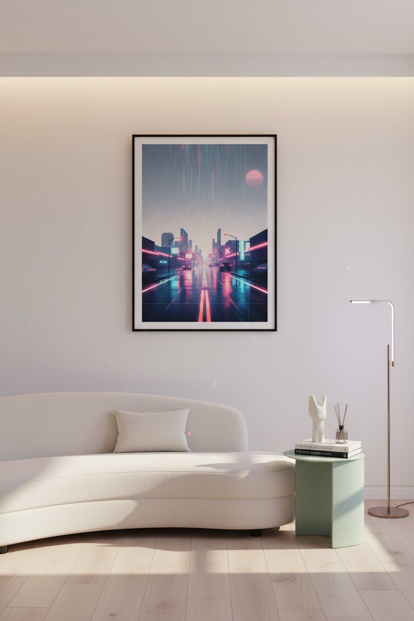 Neon Rain Reverie: Vaporwave Cityscape Art Print wall art room scene 4