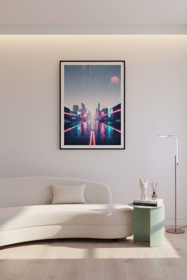 Neon Rain Reverie: Vaporwave Cityscape Art Print wall art room scene 4