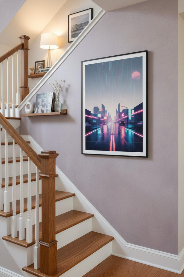 Neon Rain Reverie: Vaporwave Cityscape Art Print wall art room scene 5
