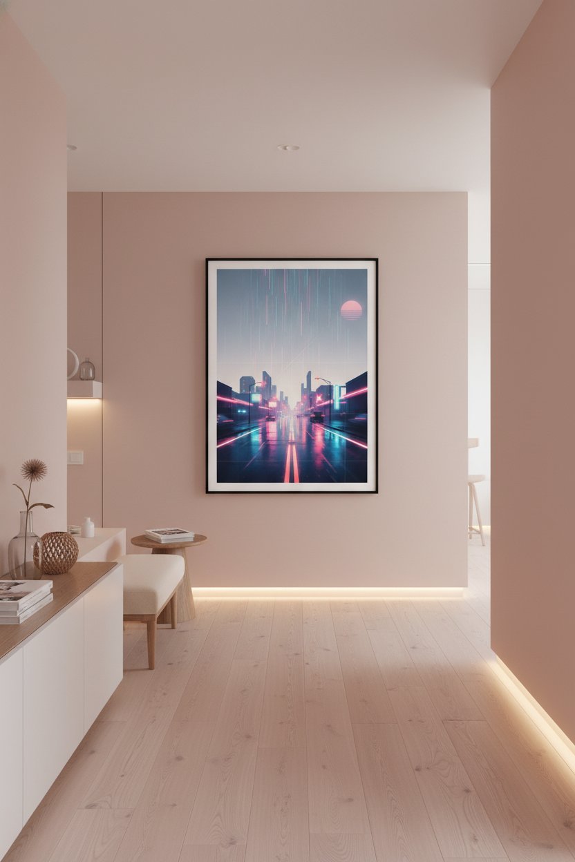 Neon Rain Reverie: Vaporwave Cityscape Art Print wall art room scene 6