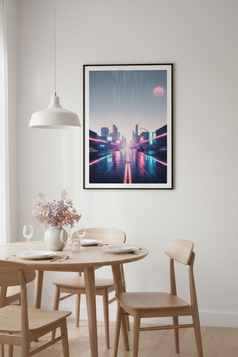 Neon Rain Reverie: Vaporwave Cityscape Art Print wall art room scene 7