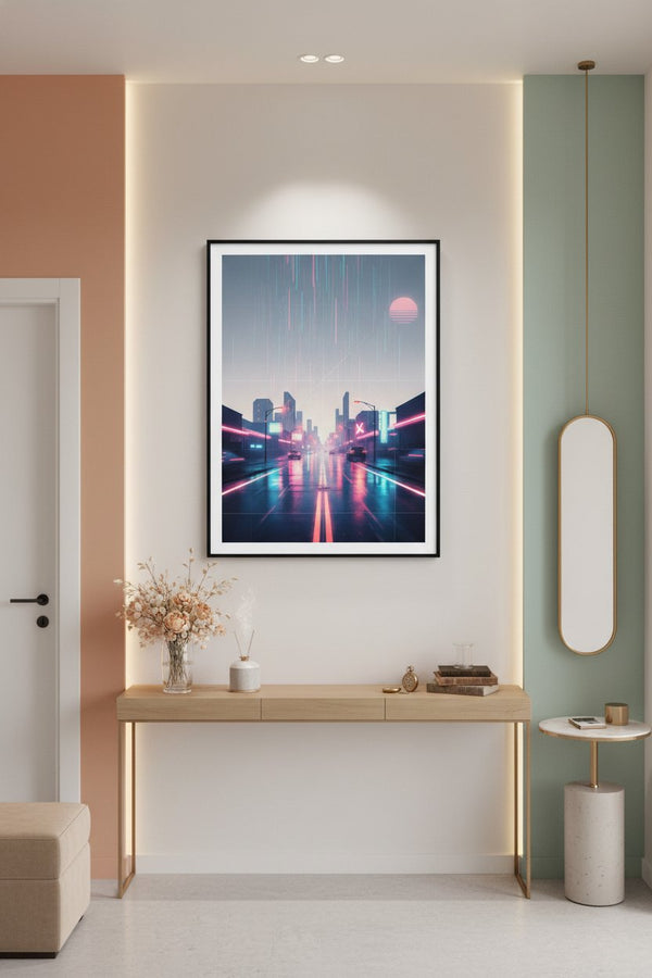 Neon Rain Reverie: Vaporwave Cityscape Art Print wall art room scene 8