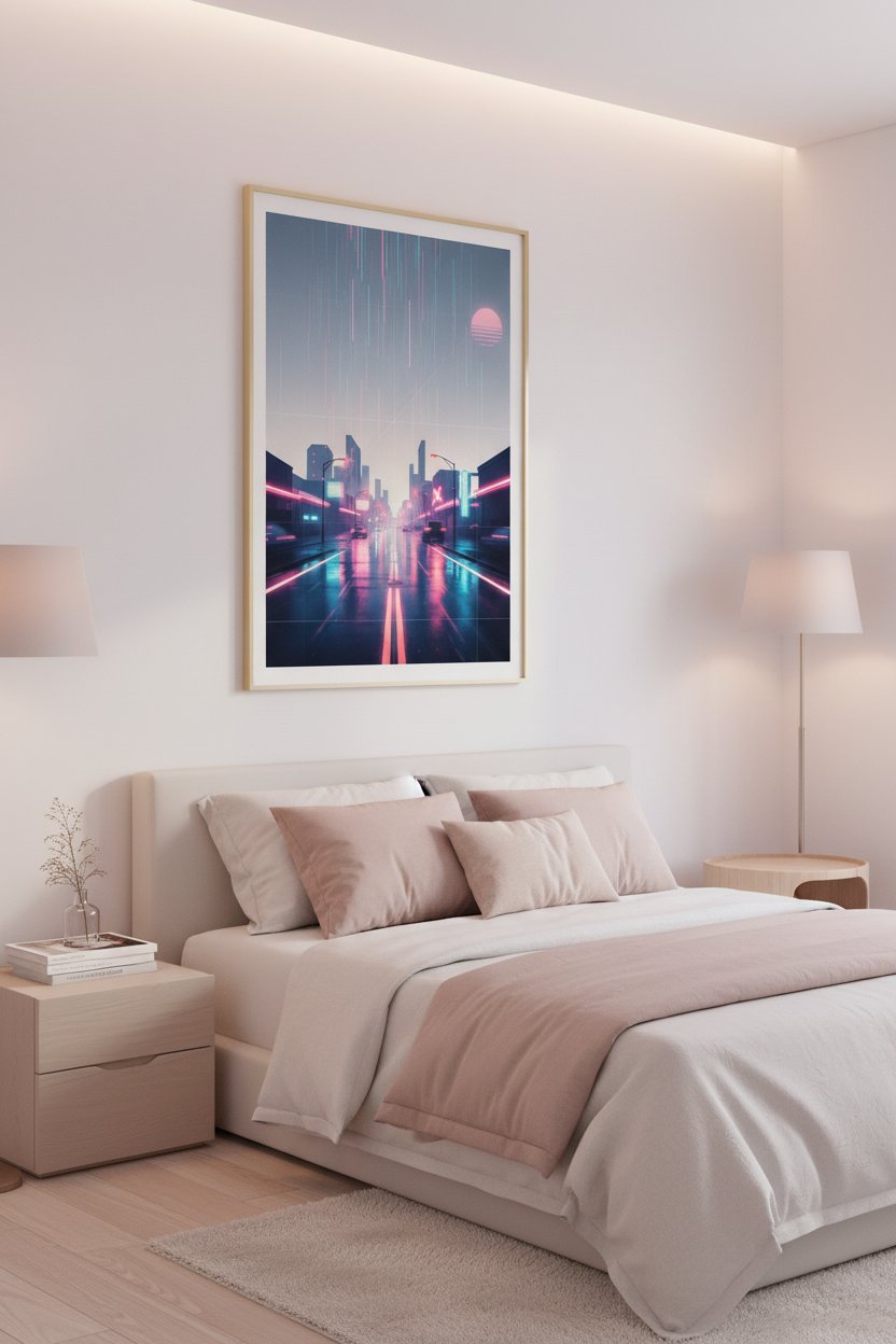 Neon Rain Reverie: Vaporwave Cityscape Art Print wall art room scene 9