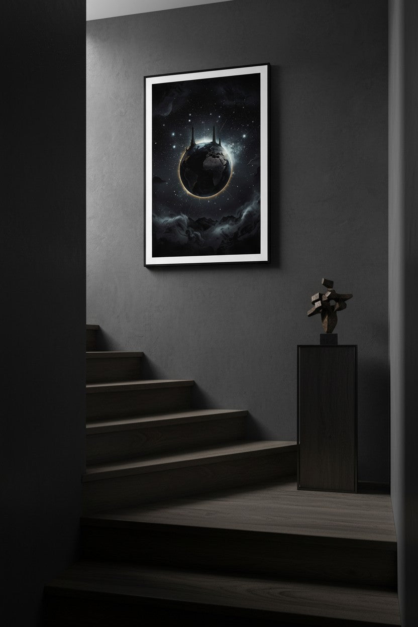 Obsidian Cosmos Gaze: Premium Framed Art Print wall art room scene 3