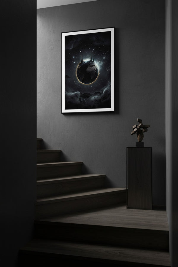 Obsidian Cosmos Gaze: Premium Framed Art Print wall art room scene 3