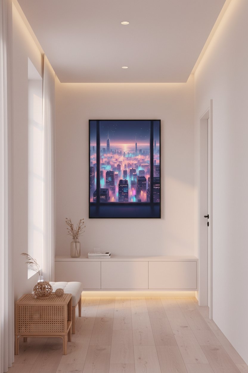 Soft City Reverie: Urban Lightscape Print wall art room scene 10