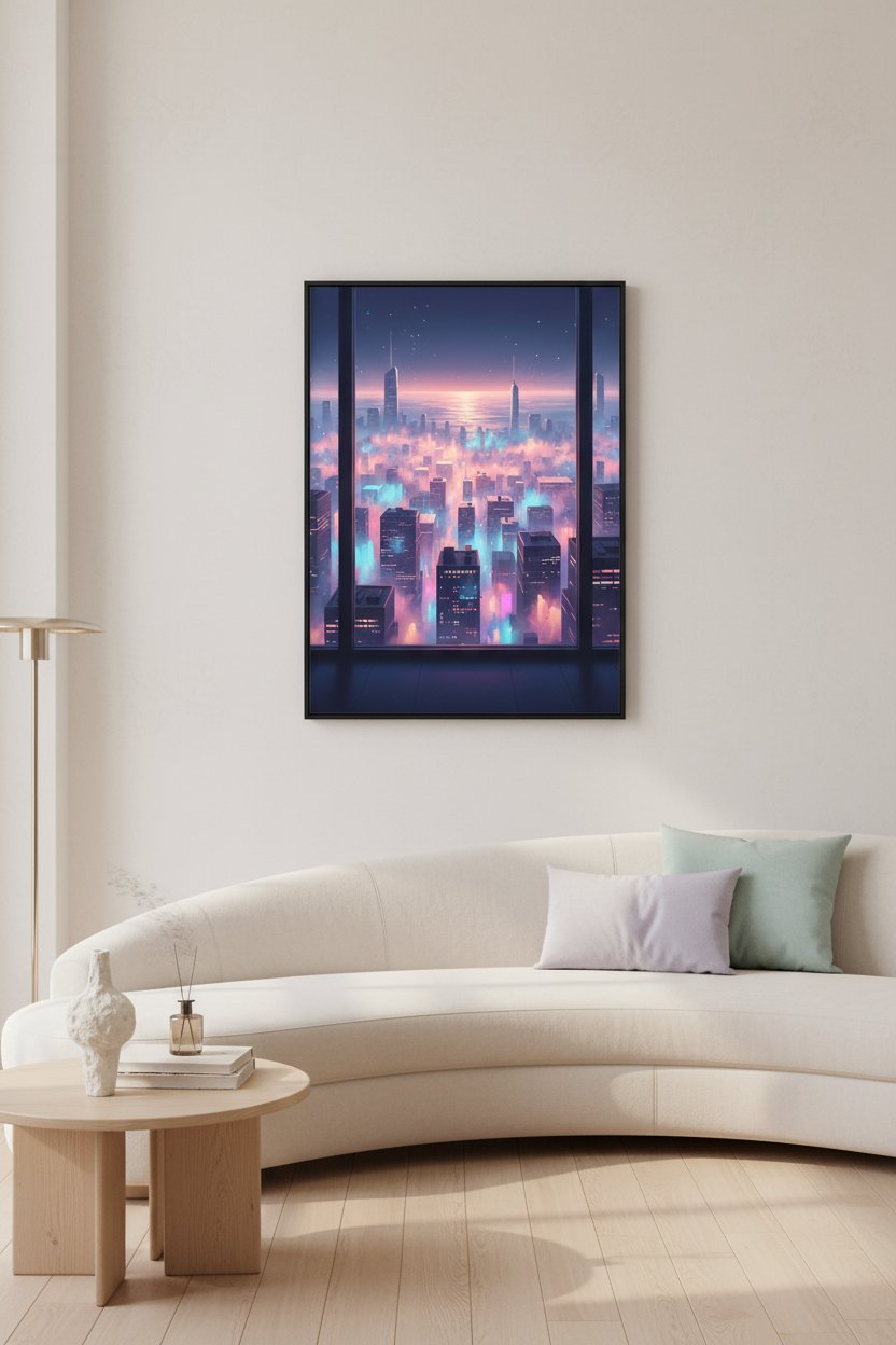 Soft City Reverie: Urban Lightscape Print wall art room scene 3