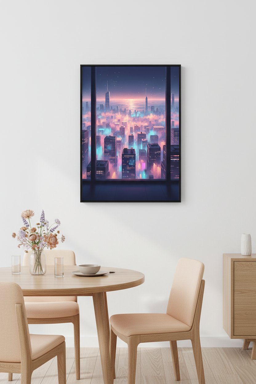 Soft City Reverie: Urban Lightscape Print wall art room scene 5