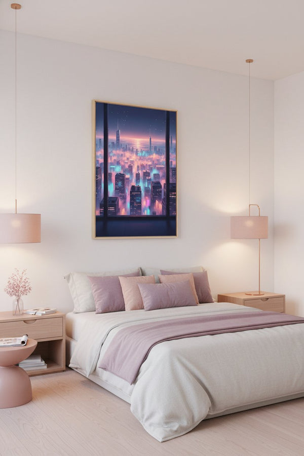 Soft City Reverie: Urban Lightscape Print wall art room scene 6