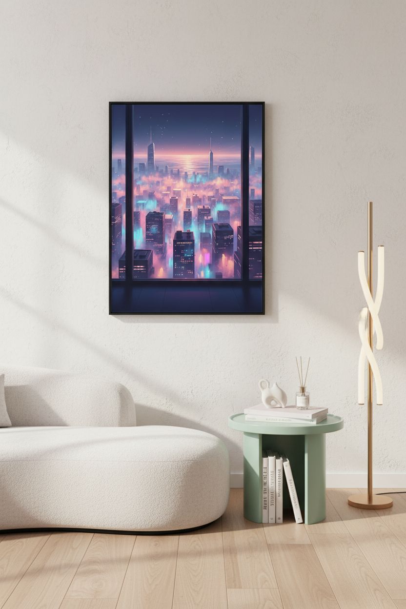Soft City Reverie: Urban Lightscape Print wall art room scene 9