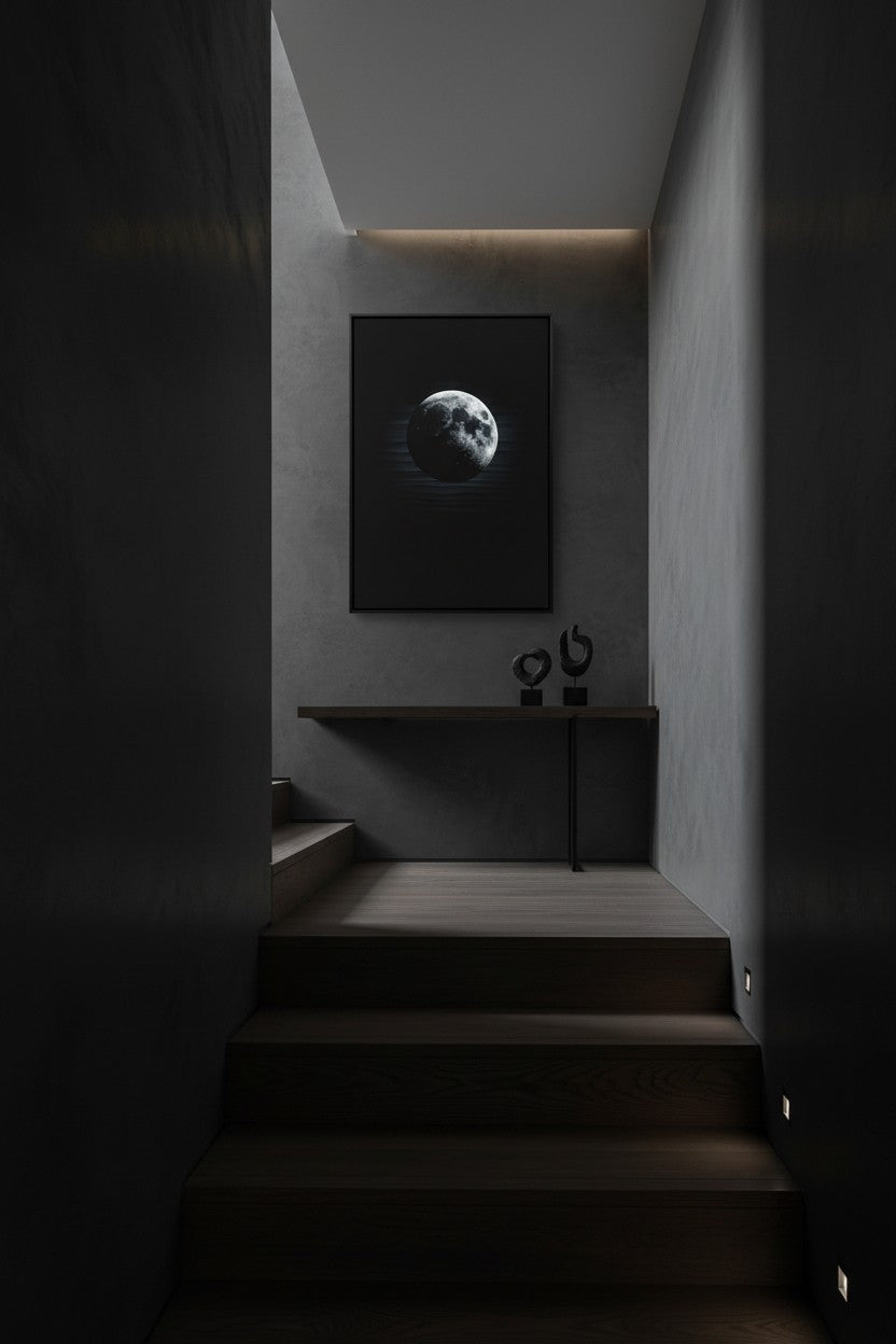 The Lunar Veil: Monochrome Tranquility Art Print wall art room scene 9