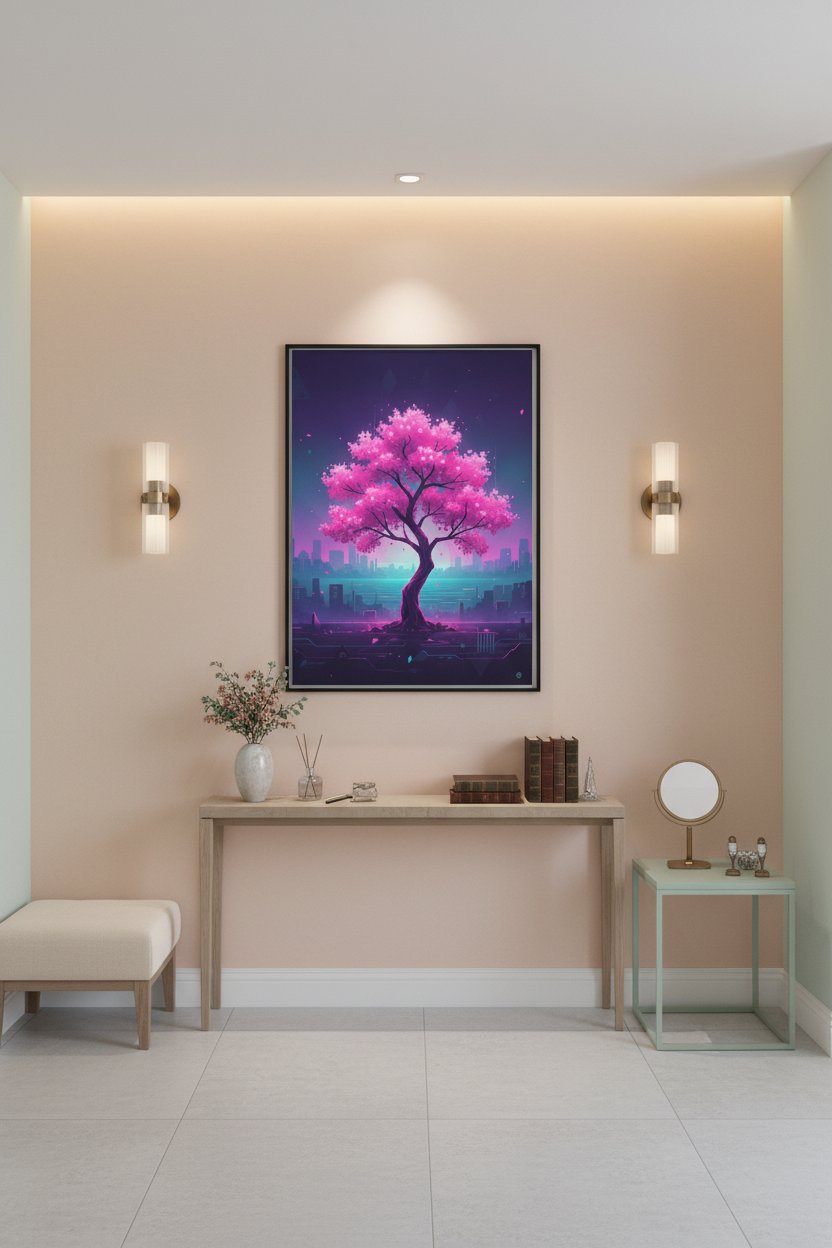 Vaporwave Cherry Blossom Glow: Dawn's Ethereal Reverie wall art room scene 10