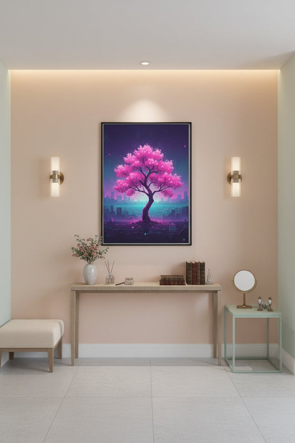 Vaporwave Cherry Blossom Glow: Dawn's Ethereal Reverie wall art room scene 10