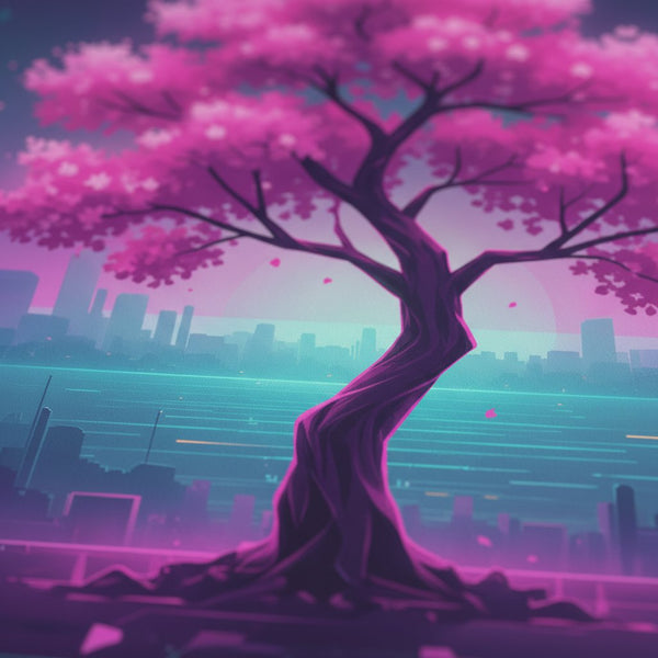 Vaporwave Cherry Blossom Glow: Dawn's Ethereal Reverie detail close up 11