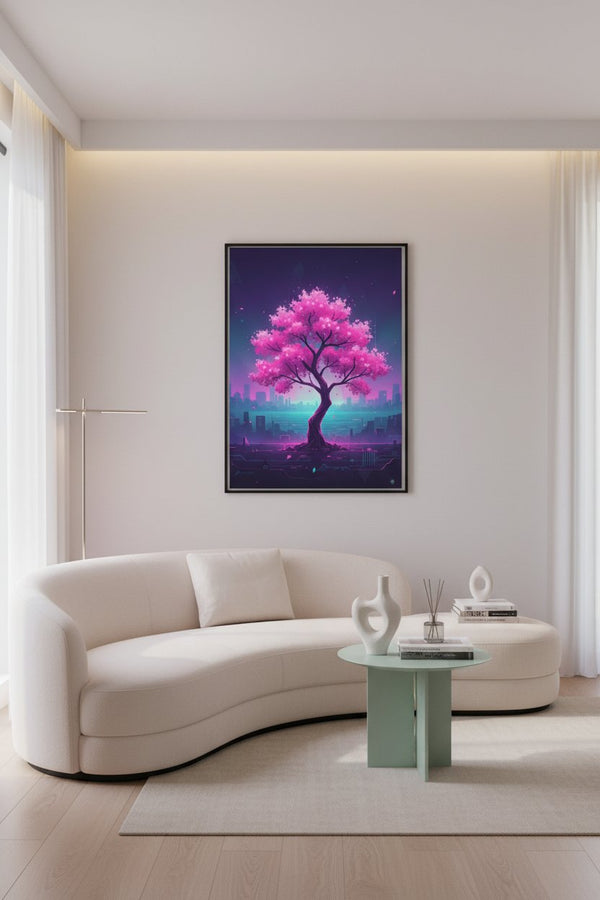 Vaporwave Cherry Blossom Glow: Dawn's Ethereal Reverie wall art room scene 2