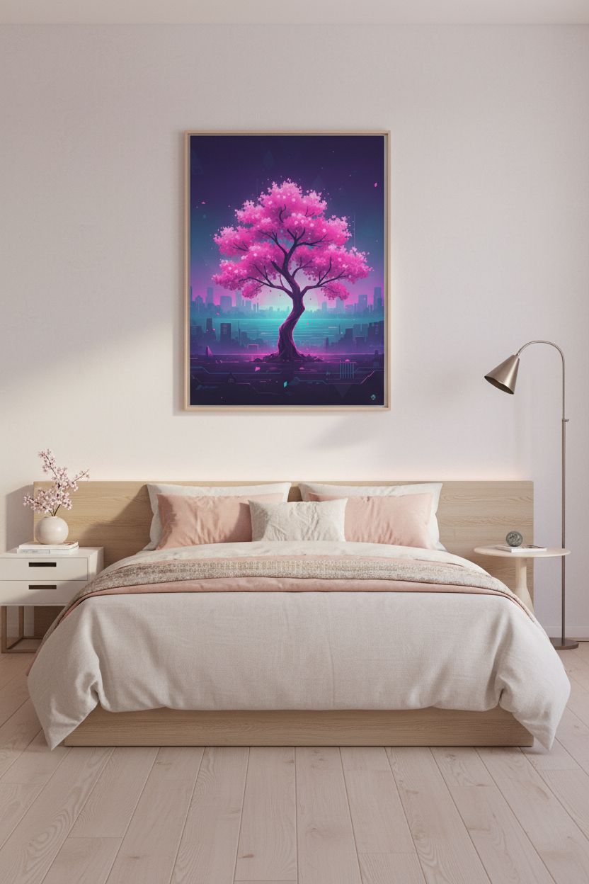 Vaporwave Cherry Blossom Glow: Dawn's Ethereal Reverie wall art room scene 3
