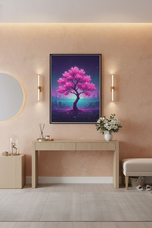 Vaporwave Cherry Blossom Glow: Dawn's Ethereal Reverie wall art room scene 4