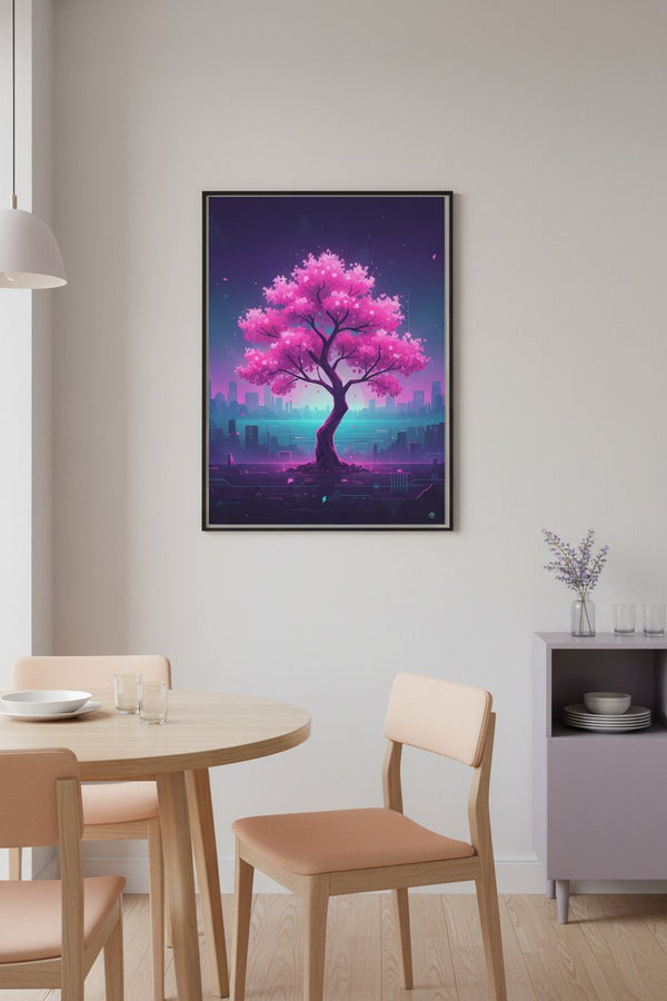 Vaporwave Cherry Blossom Glow: Dawn's Ethereal Reverie wall art room scene 5