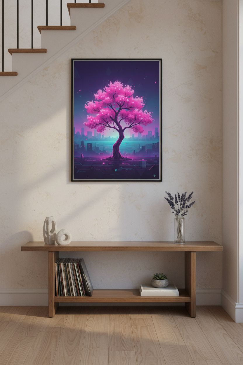Vaporwave Cherry Blossom Glow: Dawn's Ethereal Reverie wall art room scene 6