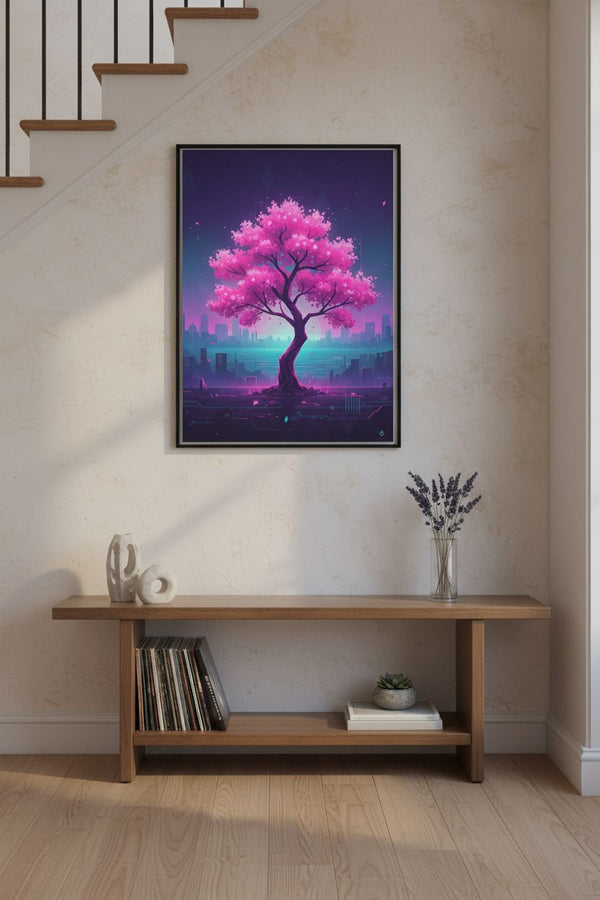 Vaporwave Cherry Blossom Glow: Dawn's Ethereal Reverie wall art room scene 6