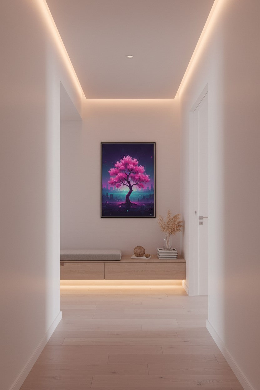 Vaporwave Cherry Blossom Glow: Dawn's Ethereal Reverie wall art room scene 7