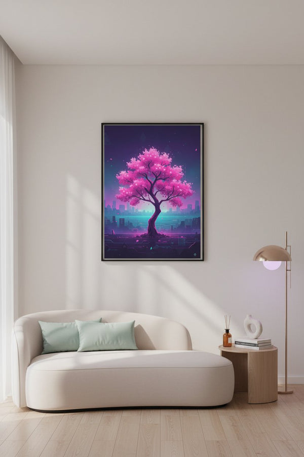 Vaporwave Cherry Blossom Glow: Dawn's Ethereal Reverie wall art room scene 8