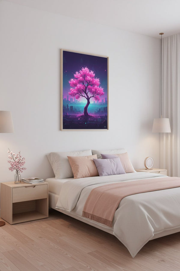 Vaporwave Cherry Blossom Glow: Dawn's Ethereal Reverie wall art room scene 9