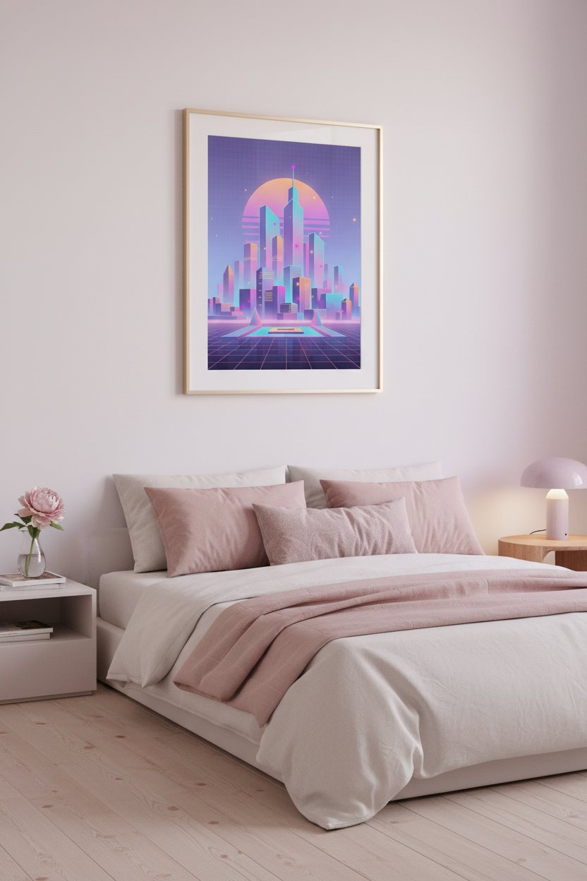 Vaporwave Dawnscape: Urban Neon Reverie wall art room scene 2