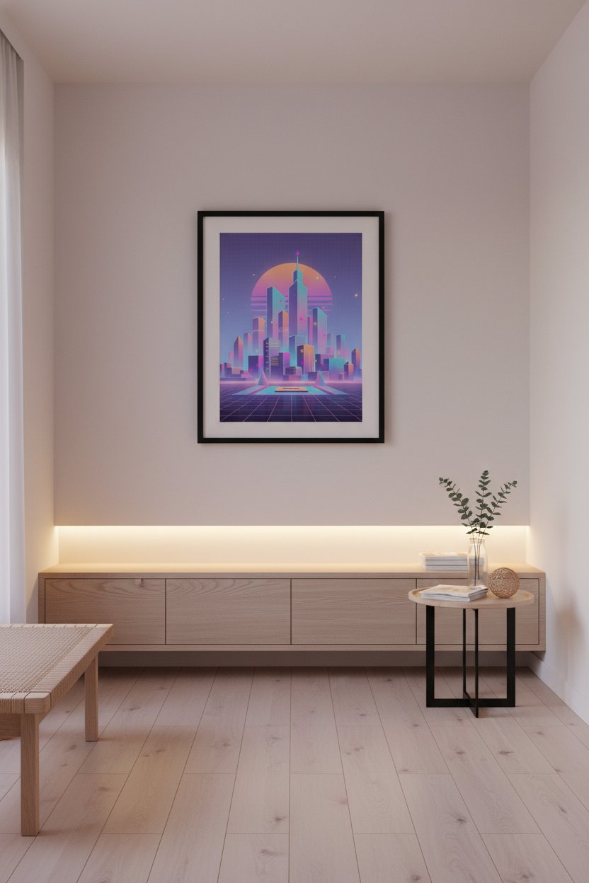 Vaporwave Dawnscape: Urban Neon Reverie wall art room scene 5