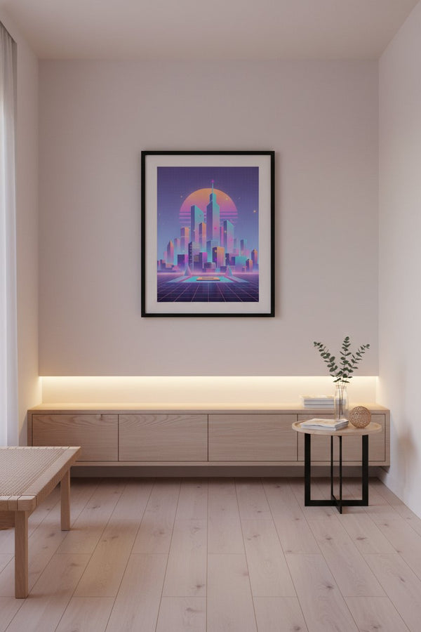 Vaporwave Dawnscape: Urban Neon Reverie wall art room scene 5