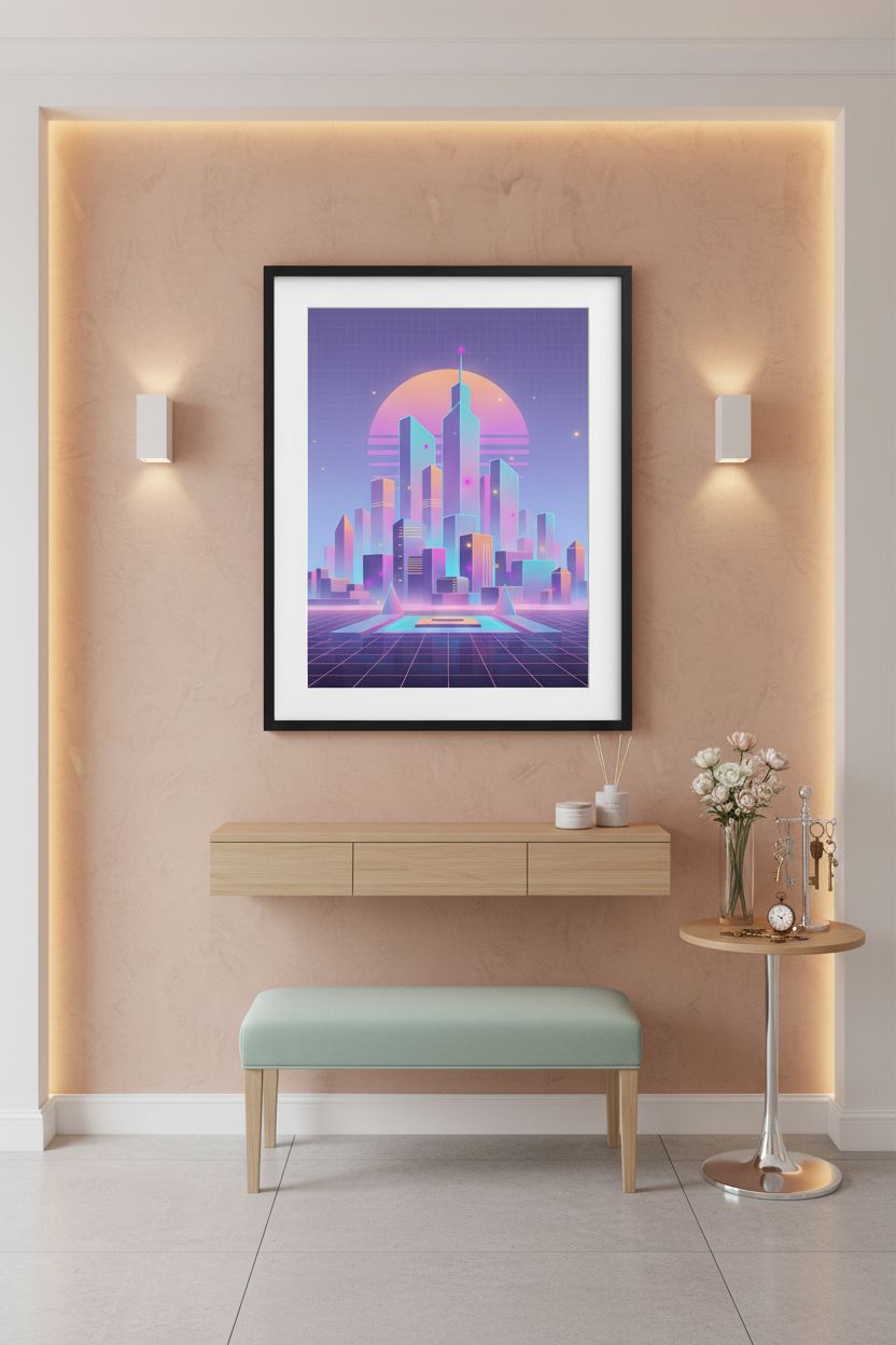 Vaporwave Dawnscape: Urban Neon Reverie wall art room scene 6