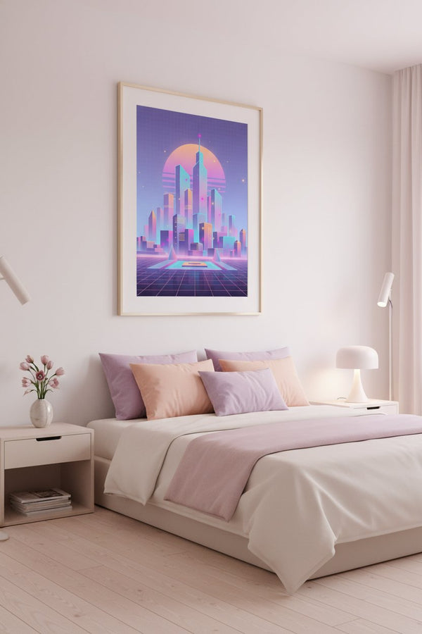 Vaporwave Dawnscape: Urban Neon Reverie wall art room scene 8