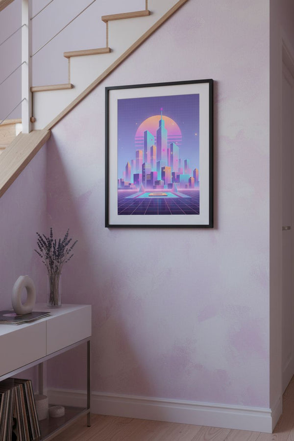 Vaporwave Dawnscape: Urban Neon Reverie wall art room scene 9